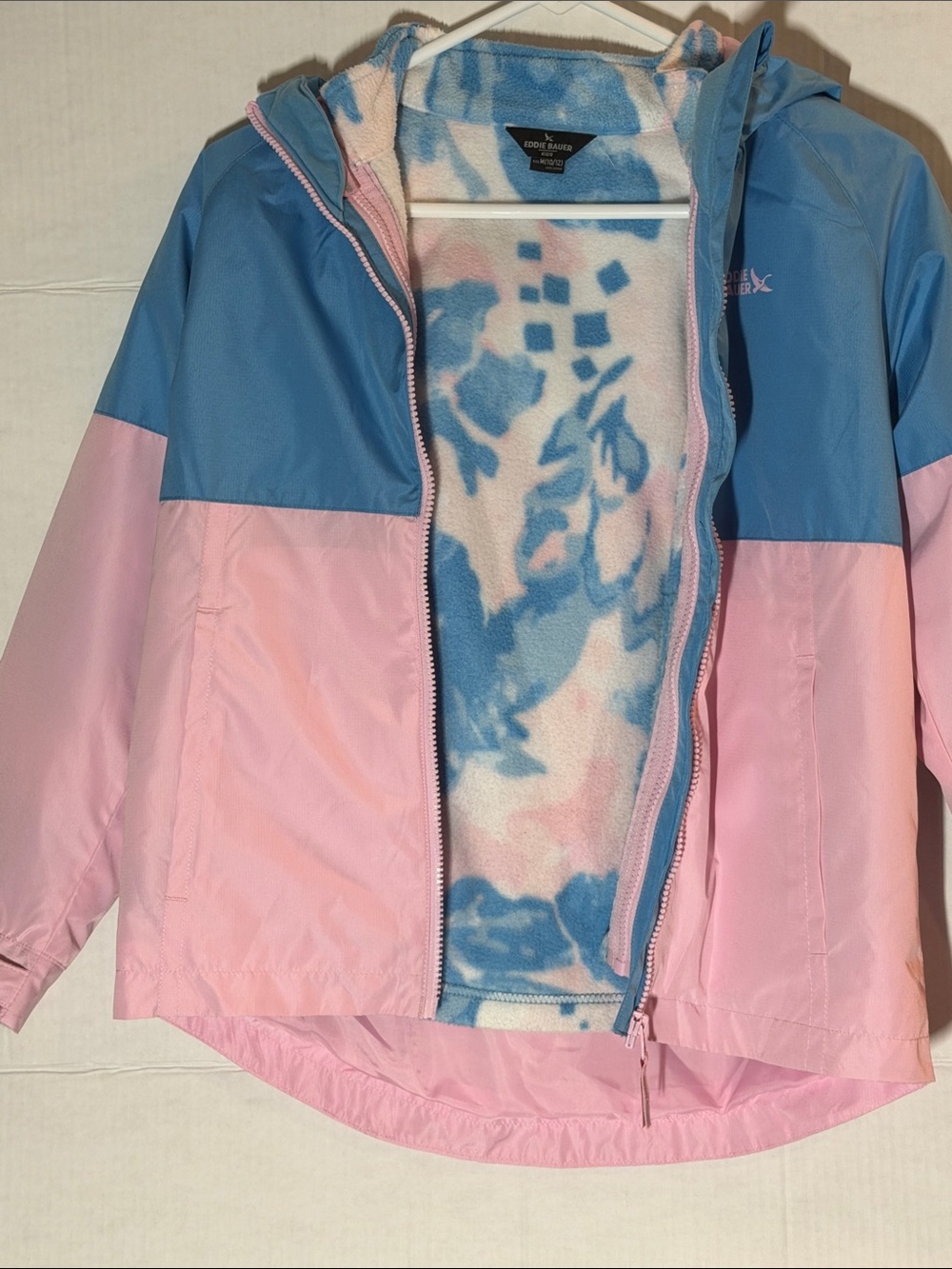 Eddie Bauer Pink and Blue Hooded Raincoat with Fleece Lining